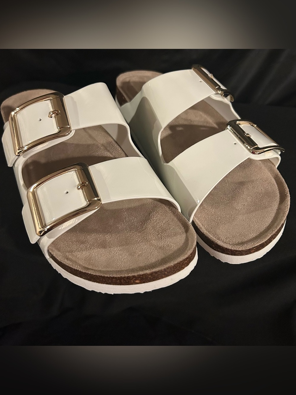 Madden Girl White Double-Buckle Slide Sandals with Gold Buckles